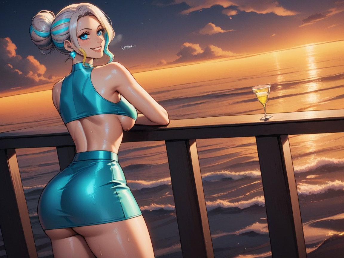 Sloped Shoulders, Diamond Drop Earrings, Golden Hour Glow Effects Latina AI Porn