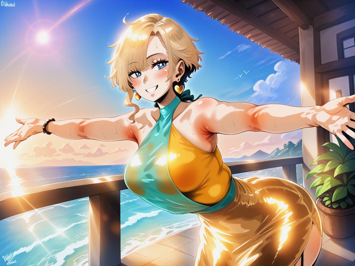 Wearing Blue Metallic Summer Clothes, Beach Location, Platinum Blonde Hentai AI Porn