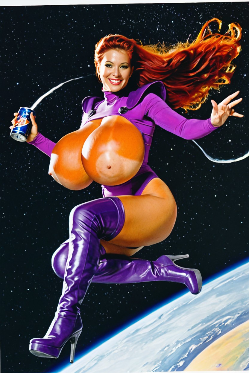 Glowing Green Eyes, Seductive, Purple Over The Knee Heeled Boots AI Porn