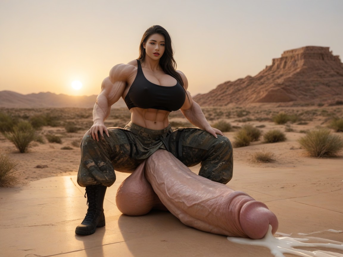 Hyper Massive Cock Taller Than Body, Muscular Female Tactical Special Forces Commando, Black Hair AI Porn