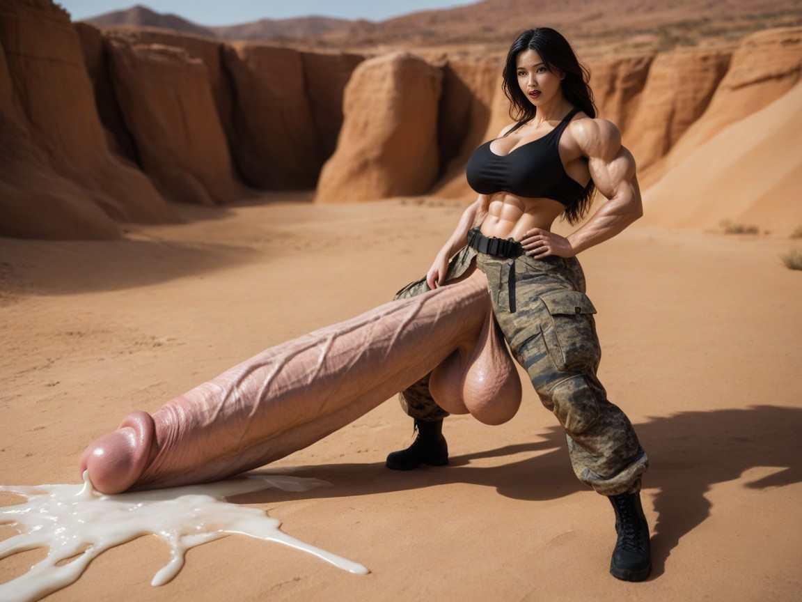 In An Urban Combat Environment, Futanari, Hyper Massive Cock Taller Than Body AI Porn