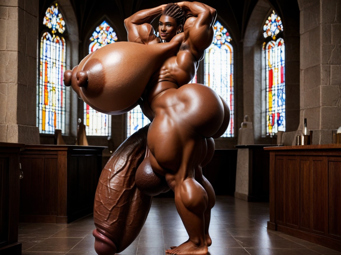 Arms Up, Massive Breasts, Rear Side View Shemale AI Porn