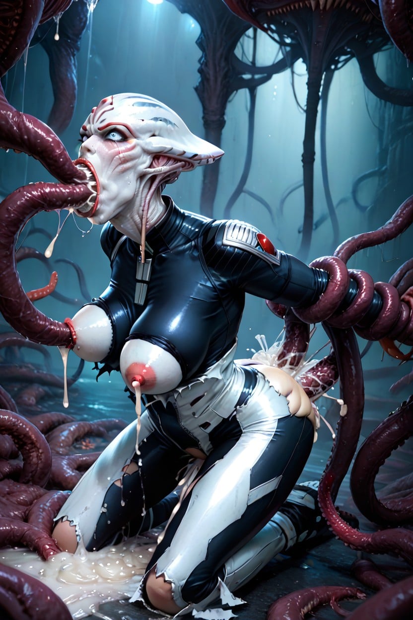 Waist Level Shot, Tentacles Grabbing Under Clothes, Tits Out Of White Skin Tight Torn Bodysuit AI Porn