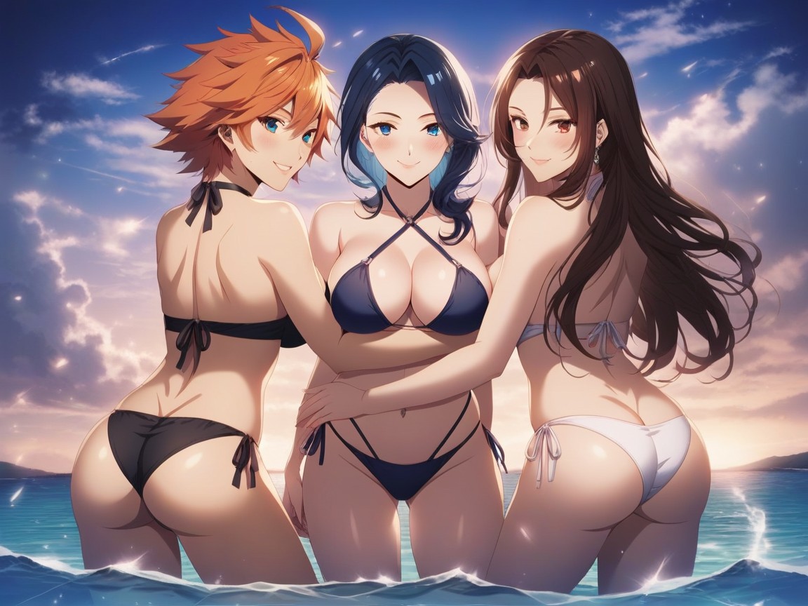 Smirking At Viewer, Three Women, Oily Skin Hentai AI Porn
