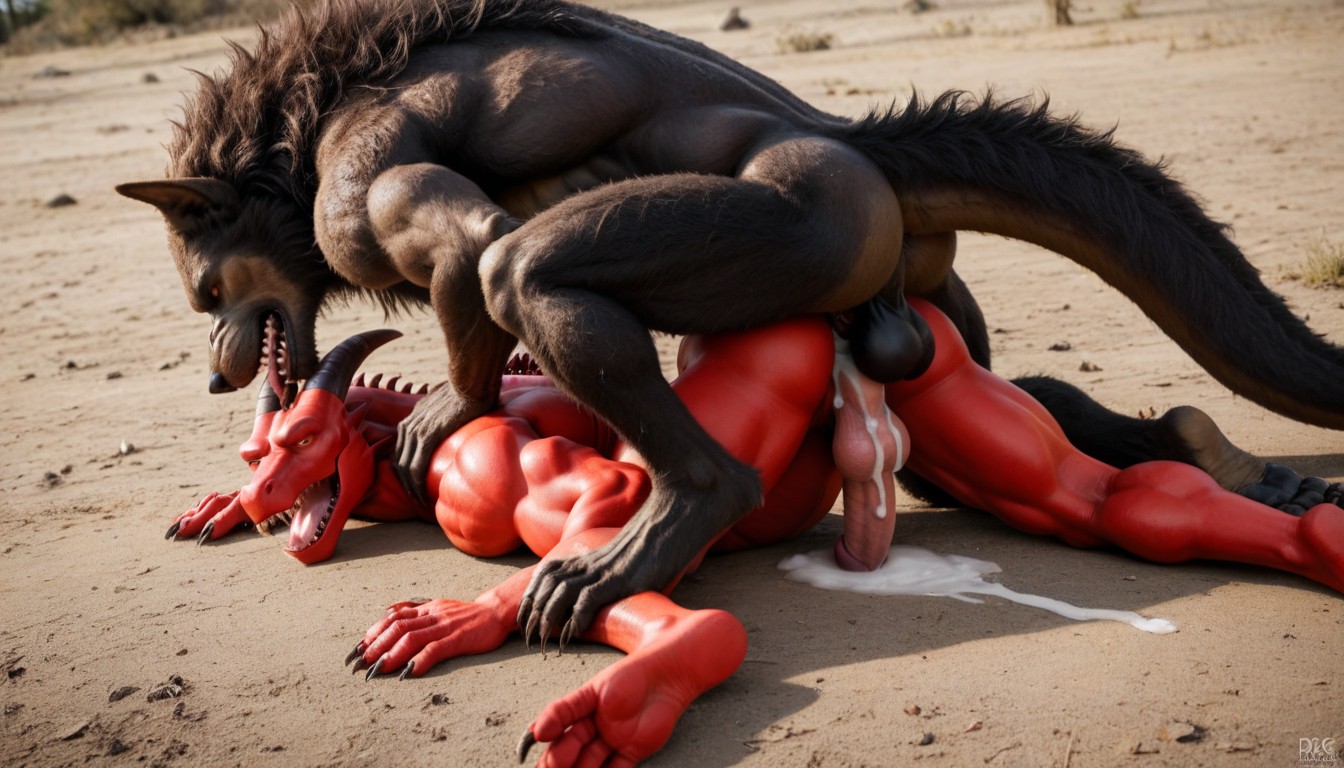 Side View, Full Body Shot, Oversized Red Dragon And Furry Werewolf Porno gay IA