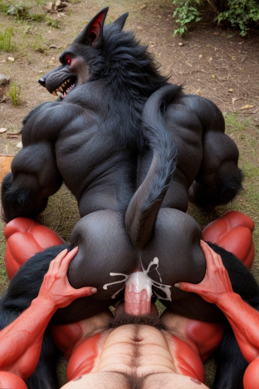 The Werwolf Lies Directly Under The Oversized Red Dragon, Oversized Red Dragon With Giant Equicock, Werewolf Belly Bulge AI Gay Porn