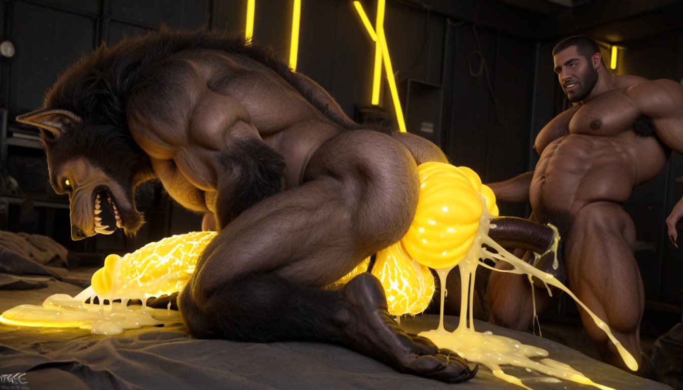 Giant Spacemonster Cock, Werewolf Full Belly, Werewolf Laying In A Hyper Puddle Full Of Glowing Cum AI Gay Porn