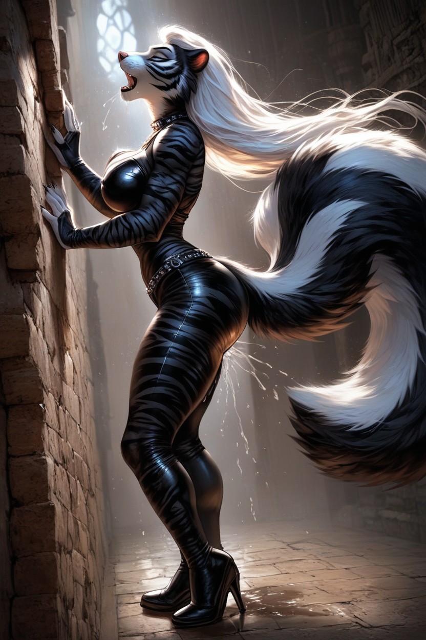 Big Tits, White Fur And Skin With Black Stripes, High Resolution Furry AI Porn