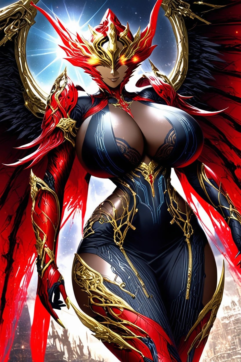 Black Armor Cuirass With Gold Trim, Head Wings, Red Gauntlets Hentai AI Porn