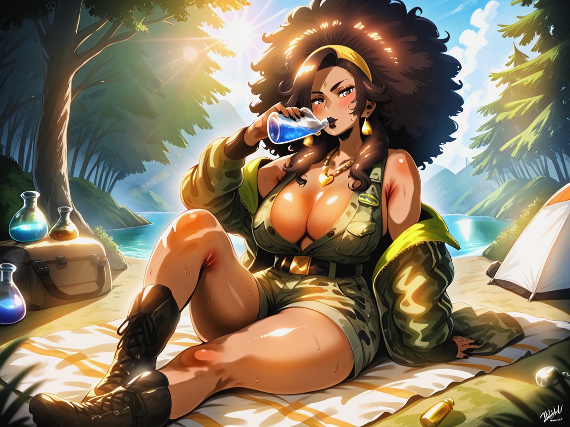 Massive Firm Breasts, Camouflage Two Piece, Dense Vegetation Hentai AI Porn