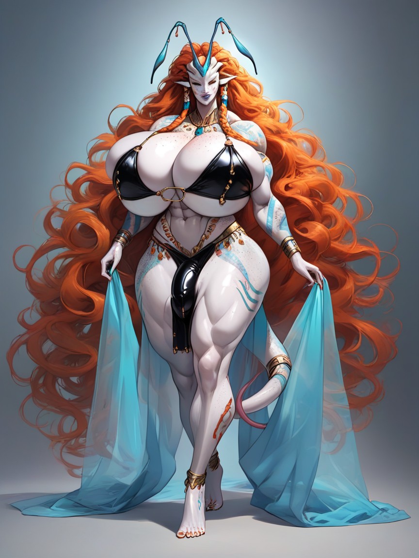 Very Long Volumetric Hair, Underboob, Hair Color Is Orange Shemale AI Porn