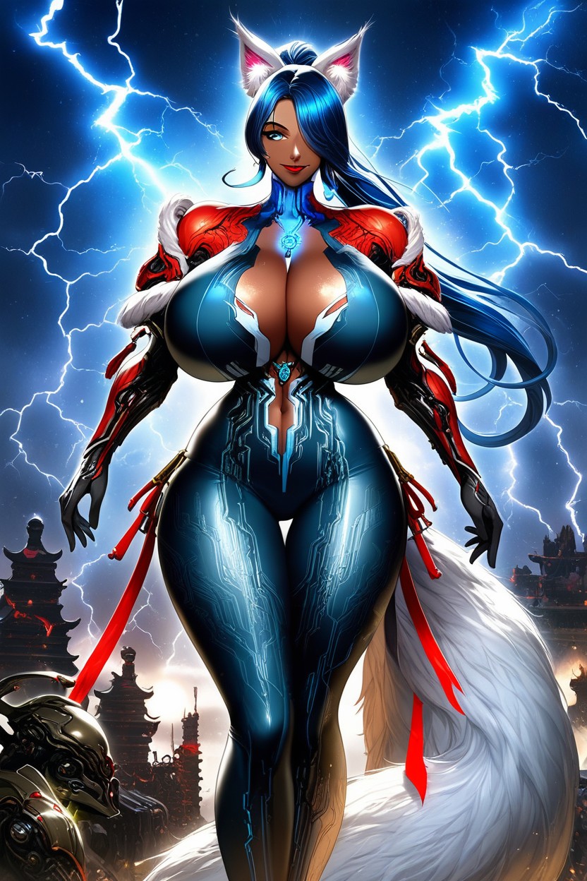 Red Lipstick, White Fur Around Neck, Absurdly Enormous Breasts Hentai AI Porn
