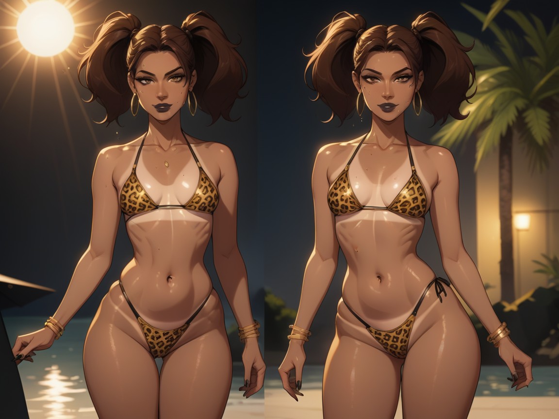 Wearing Leopard Print Summer Clothes, Yeux Marrons, Slicked Brunette Twintails Porno IA Latina