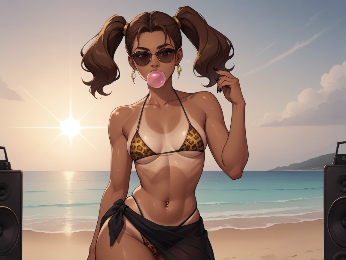 Beach Location, Woman Chewing Pink Gum, Low Chest Depth Hentai AI Porn