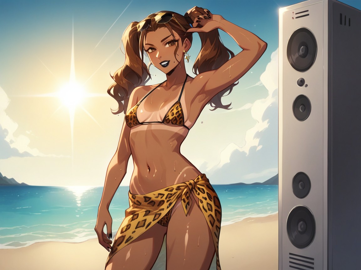 Wearing Leopard Print Summer Clothes, Black Lipstick, Leopard Print Sarong Tied At The Hip AI Porn