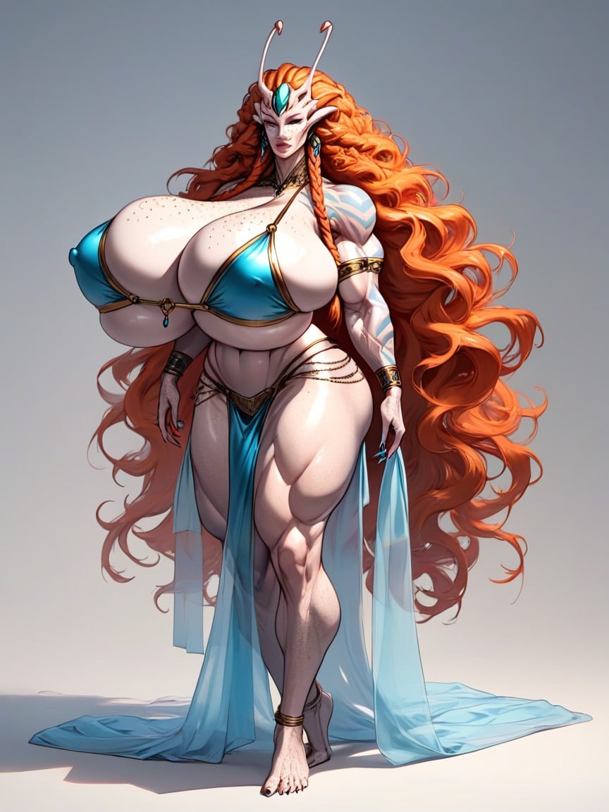 Orange Hair, Impossibly Huge Breasts, Skin Is Pale Shemale AI Porn