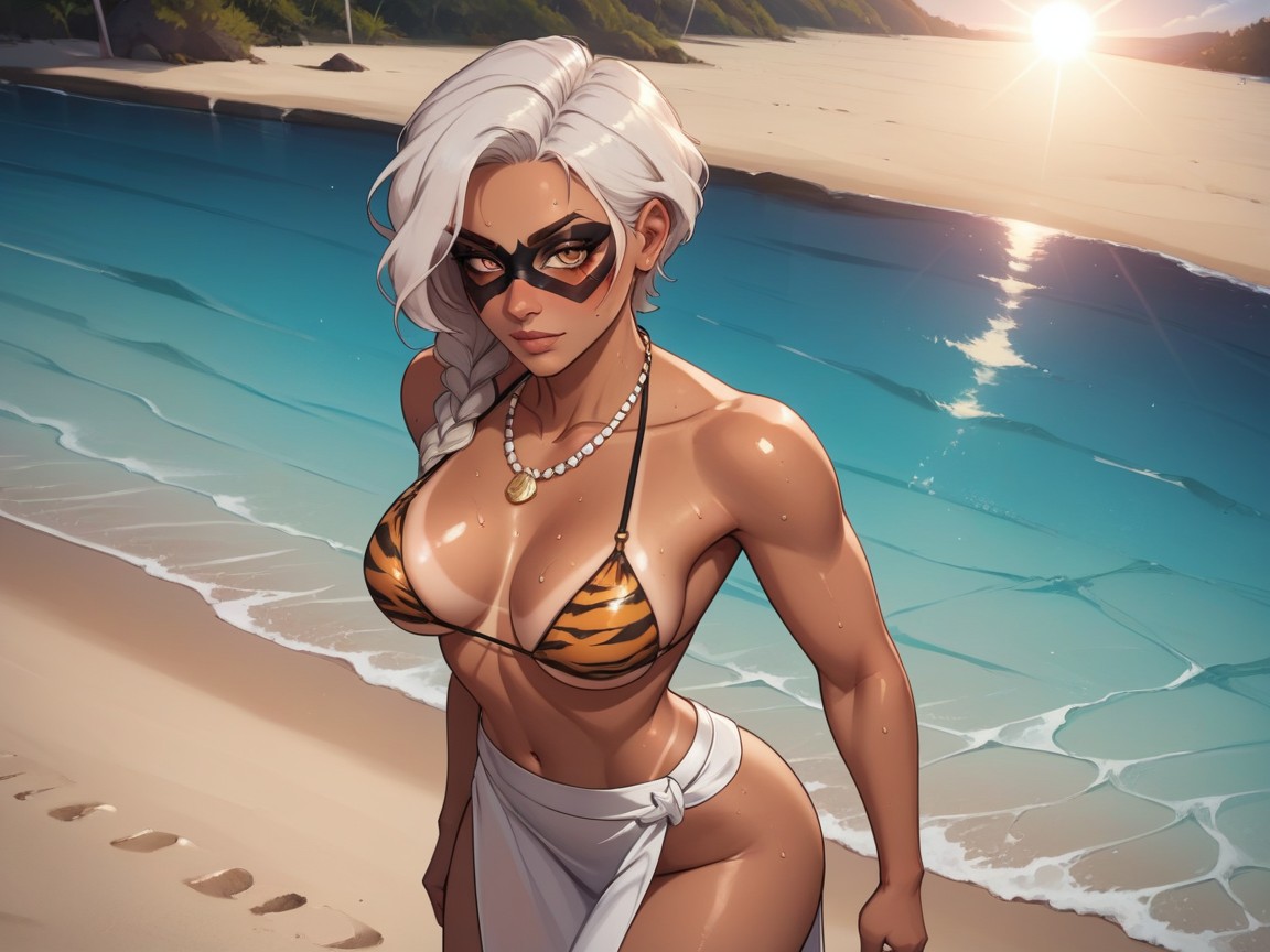 Strong Legs, Tiger Print Domino Mask, Downturned Eyes Hentai AI Porn