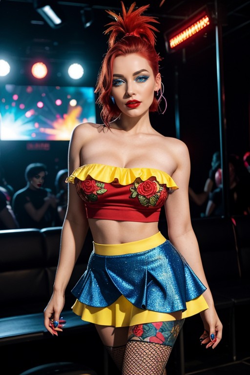 Showcasing The Tattoos Blue Green Vines Against Her Skin In The Strobe Lit Club, Crop Top, 18+ AI Porn