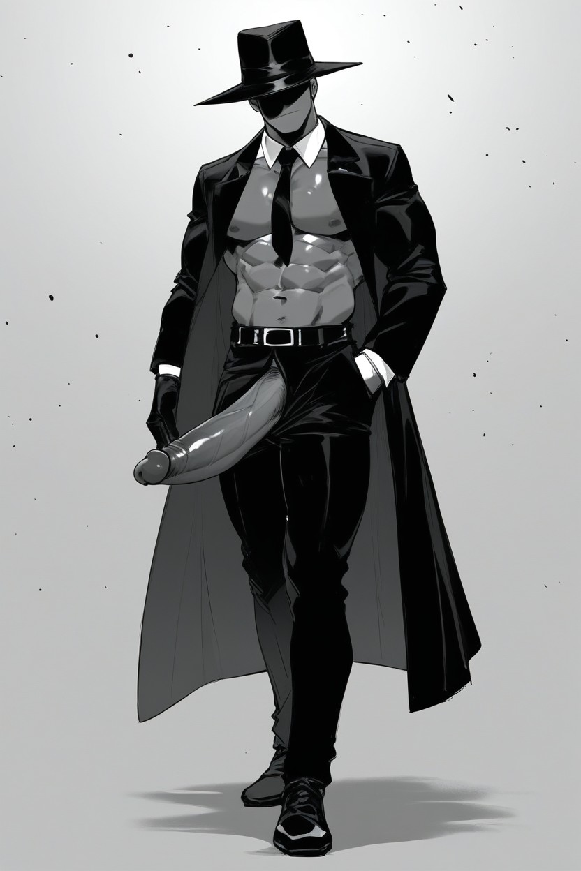 Black Trenchcoat, Black Belt, Dark Grey Penis AI Gay Porn