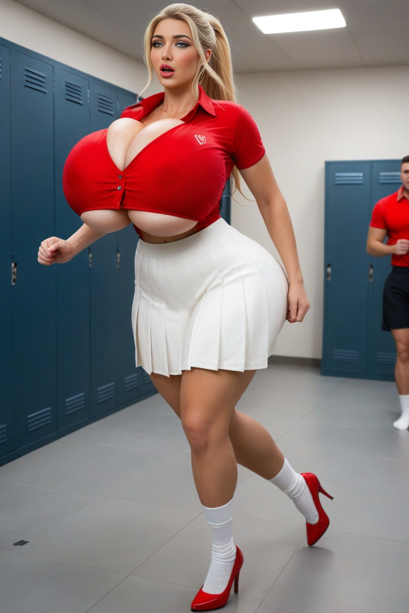 Gigantic Swollen Thick Bimbo Lips, Extreme Bulging Swollen Cleavage, Long Flowing Wavy Blonde High Ponytail AI黄片