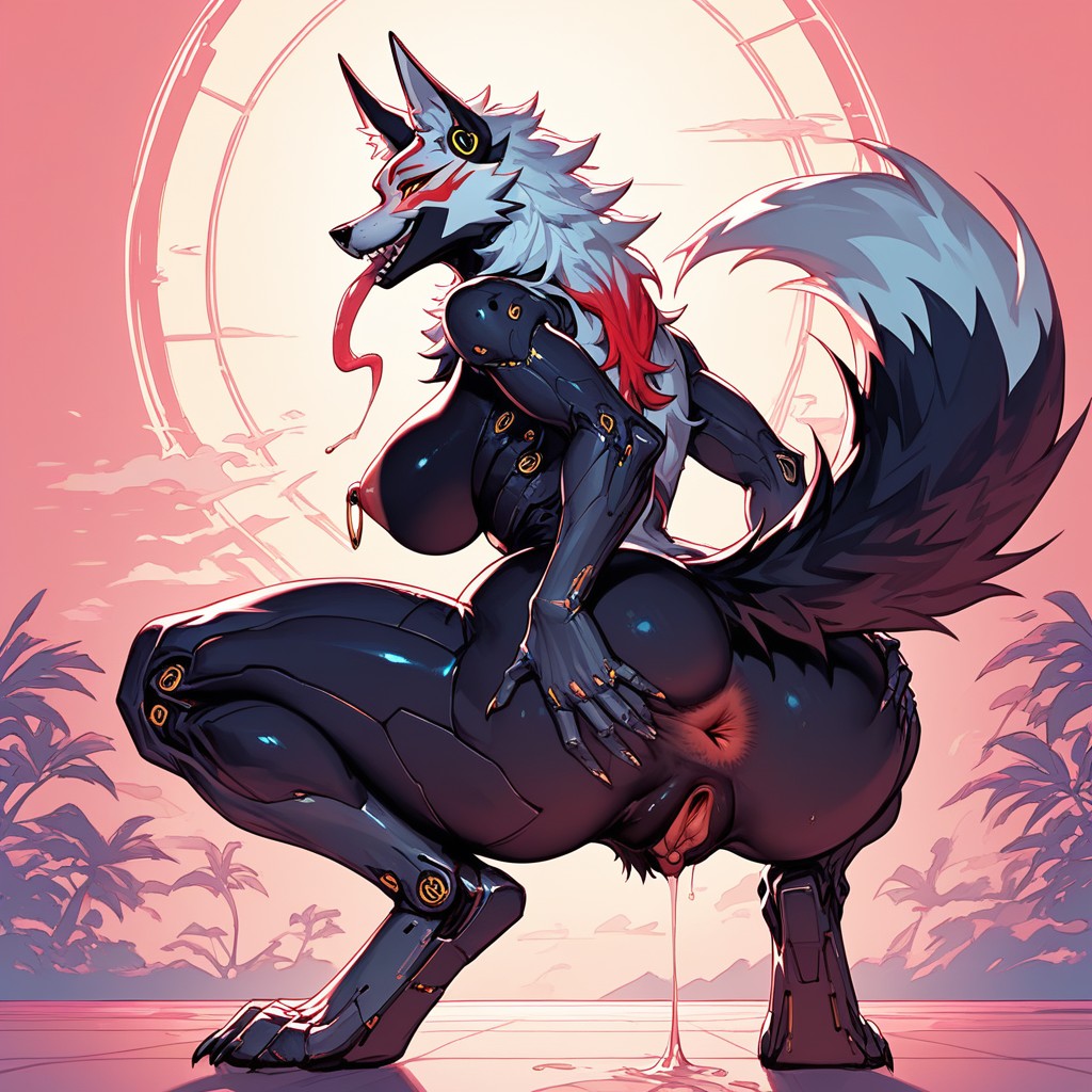 Black Sclerae, Super Long Tail, Detailed Fluffy Ass Furry AI Porn