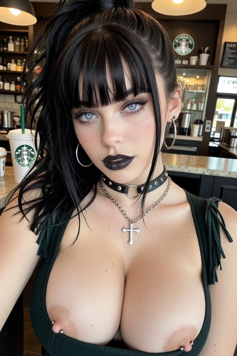 Thick Curvy Lips, Nipple Piercing, Top Down From High AI Porn
