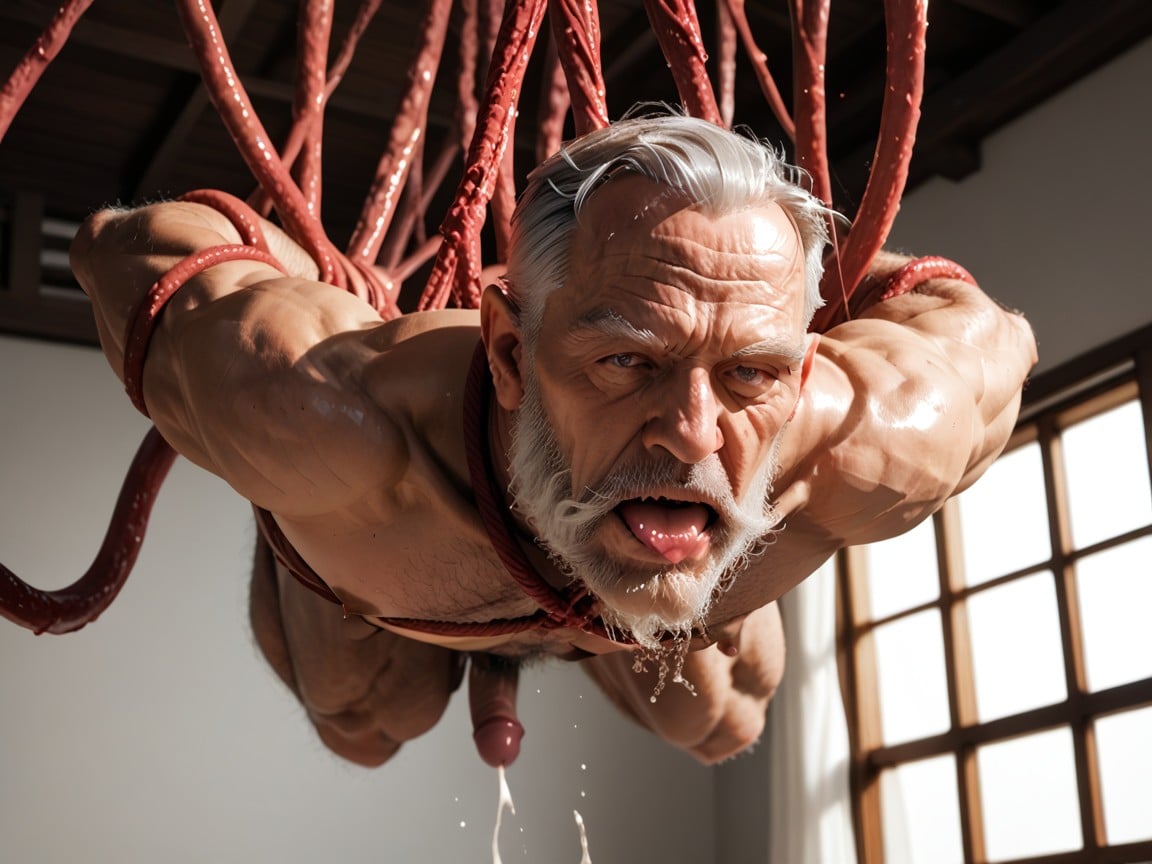 Hands And Feet Tied Together By Tentacles, Grey Hair, Tentacle On Penis AI Gay Porn