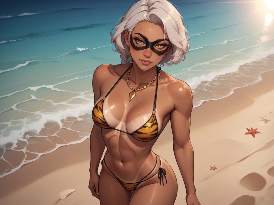 Tiger Print Domino Mask, Black Hair With Silver Highlights, Squared Hips Hentai AI Porn