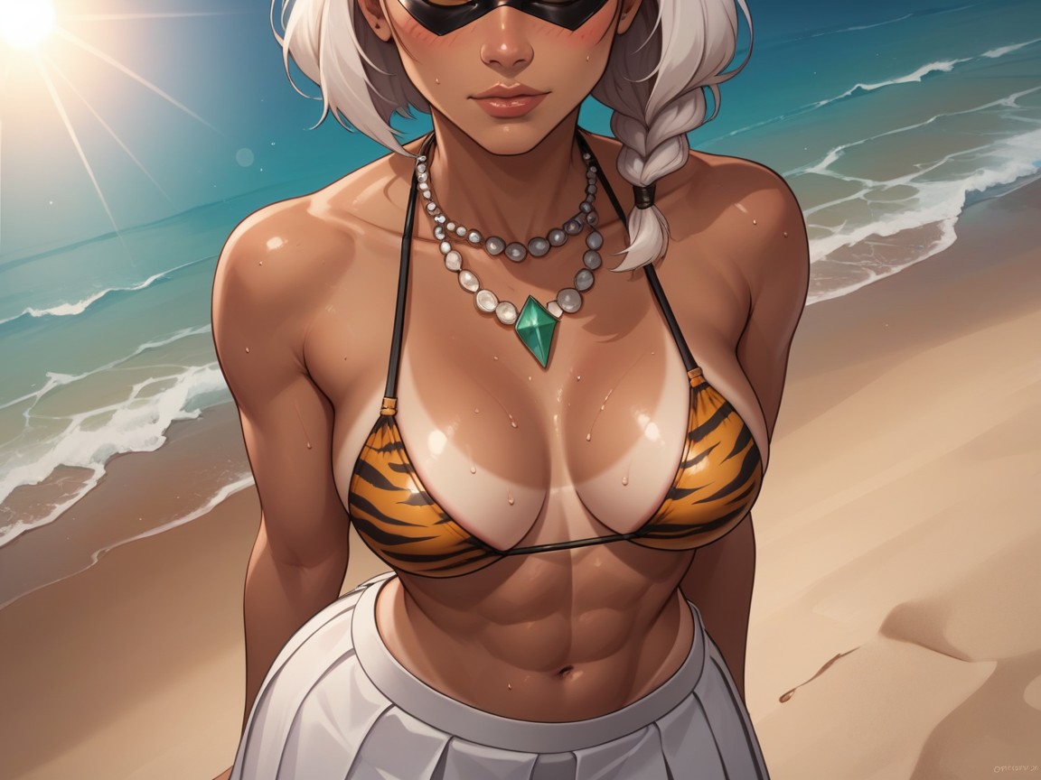 Golden Hour Glow Effects, White Tiger Print Bikini Top, Sun Flare Hentai AI Porn
