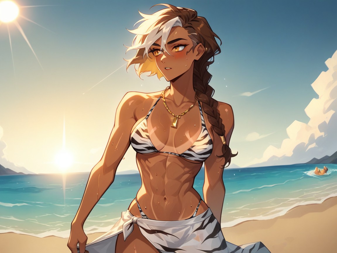 Modern Day Setting, Wearing Silver Tiger Print Summer Clothes, Wide Waist AI Porn
