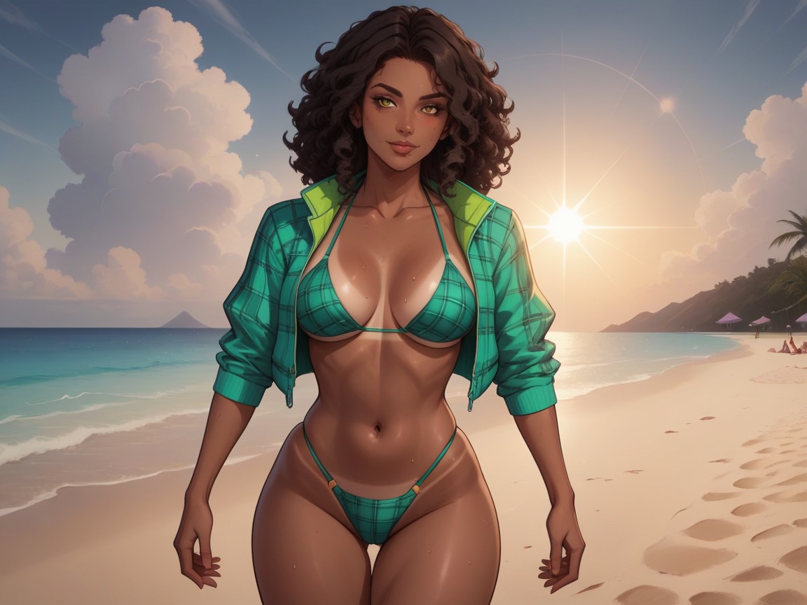 Squared Chest Width, Cropped Plaid Tech Jacket, Chest And Hips Proportionate Hentai AI Porn