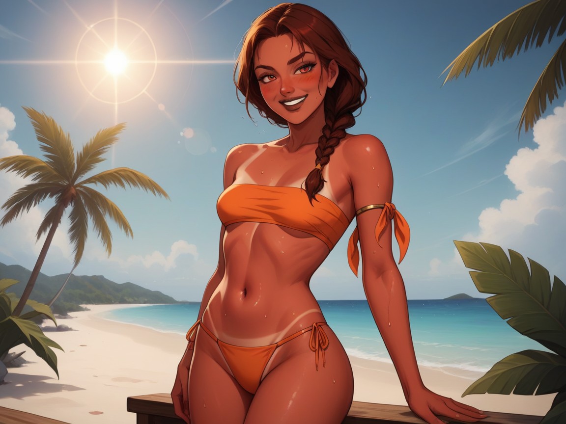 Palm Covered Islet In Background, Sun Flare, Close Set Breasts Hentai AI Porn