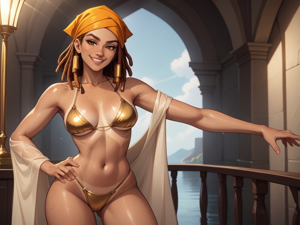 Wearing Gold Silk Summer Clothes, Hands On Hips, Modern Day Setting Hentai AI Porn