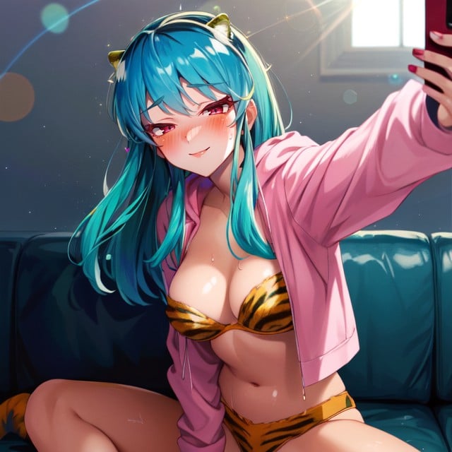 Tiger Print Panties, Blue Eyes, Blue Hair Hentai AI Porn