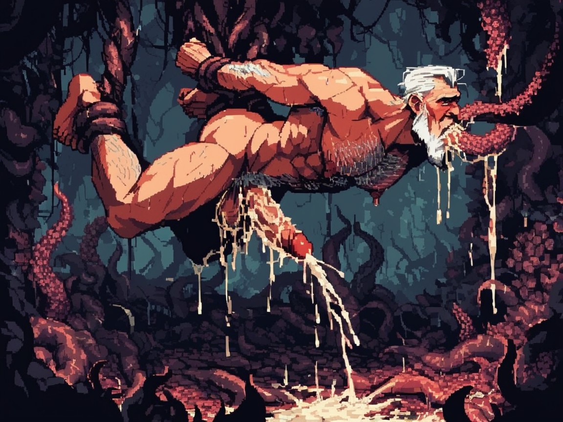 Fucked By Two Big Tentacles, Very Hairy Chest, Seeing Throw A Gigantic Open Mouth AI Gay Porn