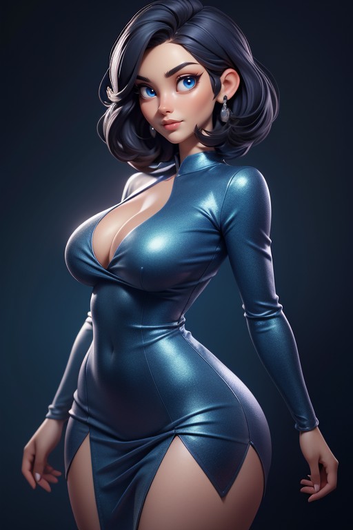 Very Thick Thighs, Correct Proportions, Black Hair Bob Above Shoulders Close To Ears Hentai AI Porn