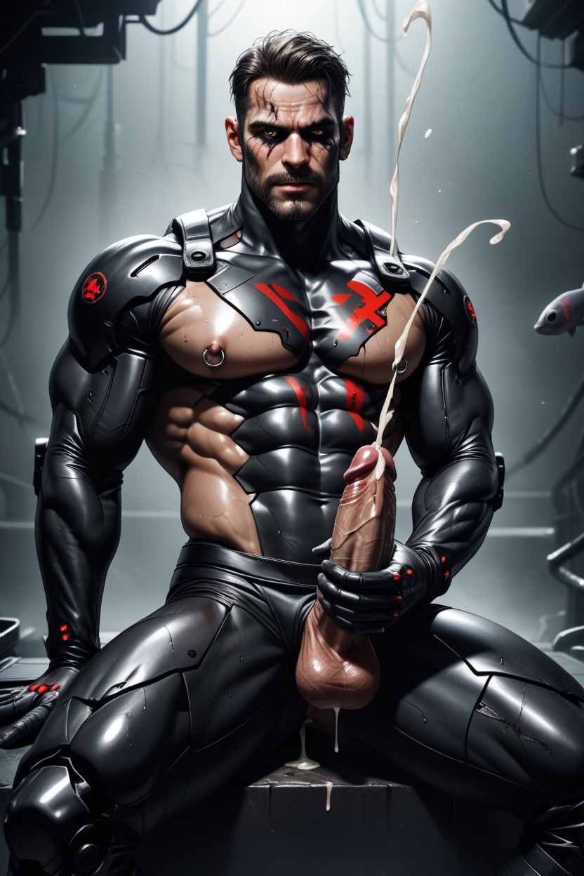 Green Mist, Groin Covered By Black Alien Material Shaped Like Armor Plating, Holding His Thick Erect Cock AI Gay Porn