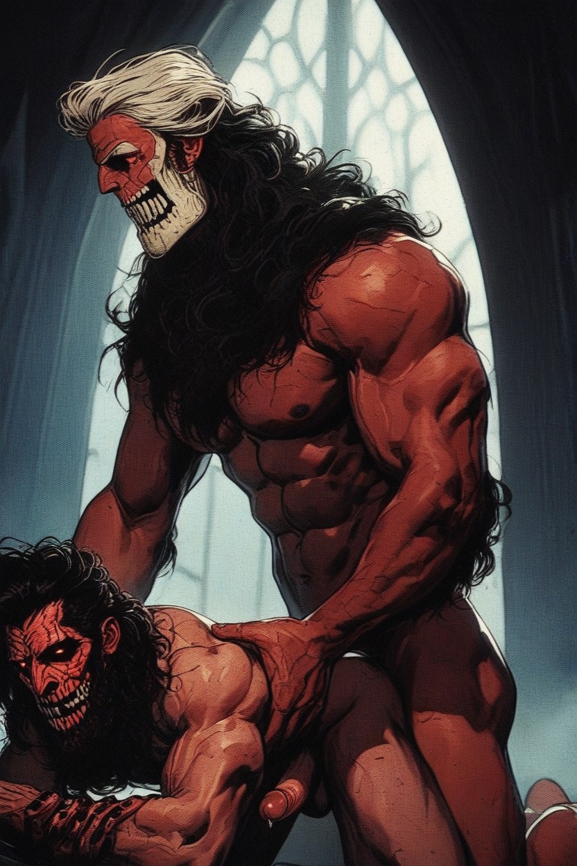 Gothic Surreal Horror, Exposed Muscular Torso, Erect Penis AI Gay Porn