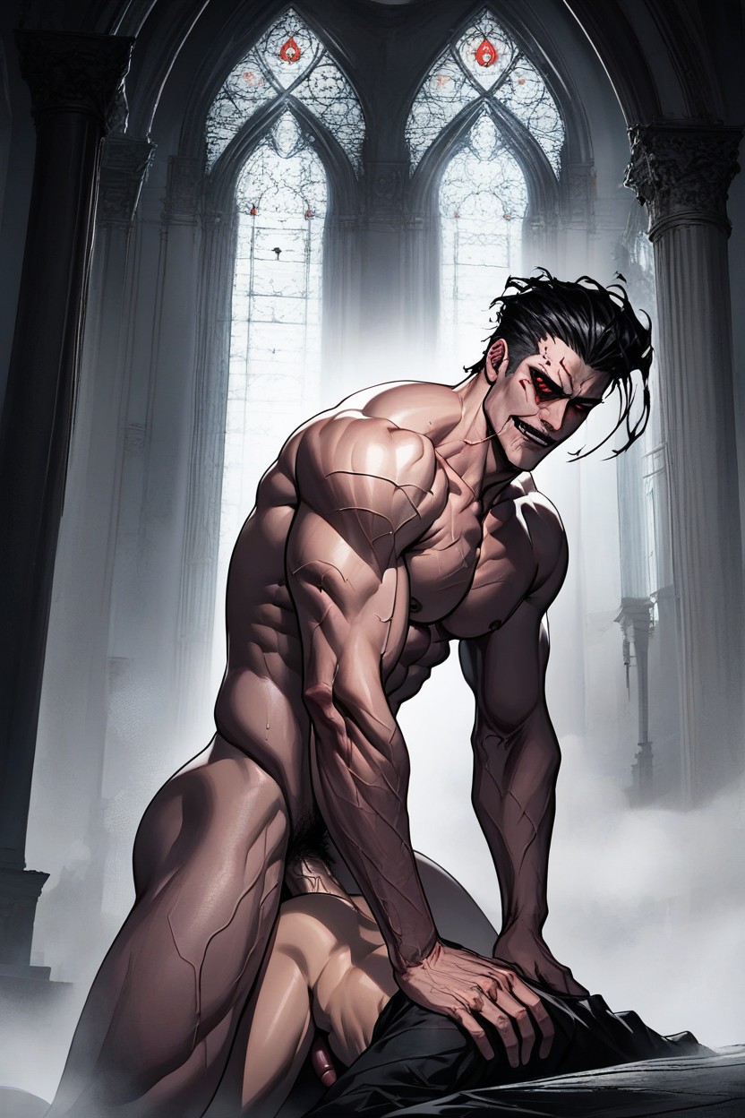 Tanned Skin, Cathedral Like Background Of Twisted Metal And Bone, Handsome Faces AI Gay Porn