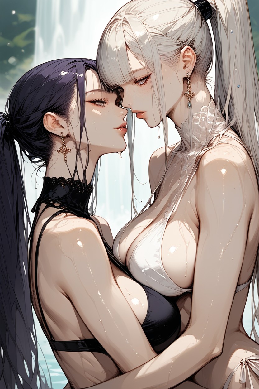Bangs Cover One Eye, 2 People, Water Droplets Hentai AI Porn
