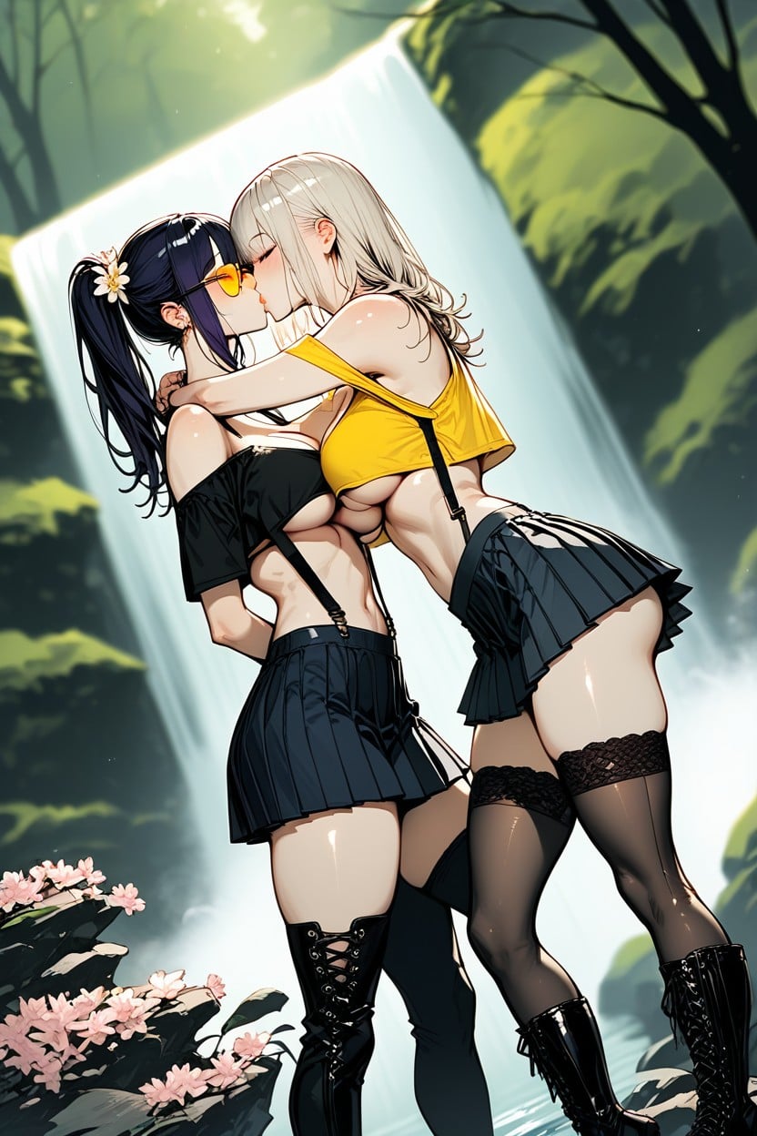 Green Eyes, Black Rocks, Huge Waterfall On Background Hentai AI Porn