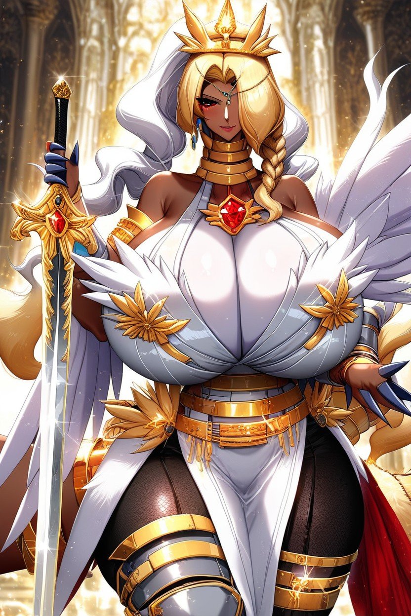 Volumious Braided Ponytail, Circlet Crown With Huge Red Gem On Head, Huge Wings AI Porn