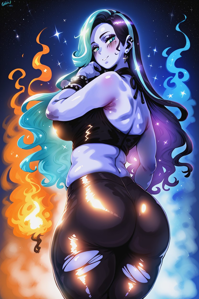 Flame Hair, Beautiful Woman Japanese Idol Face, Blue Skin AI Porn