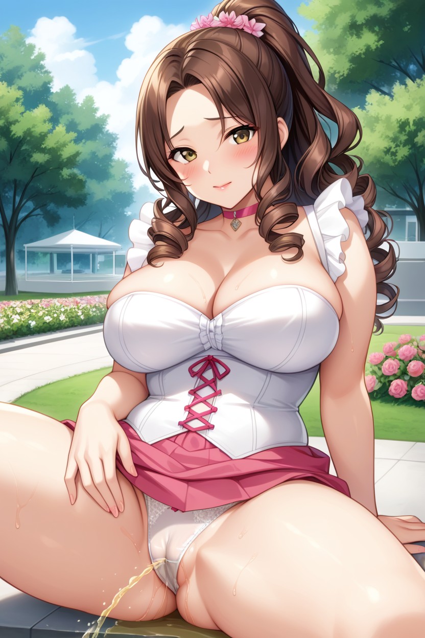 Curly Hair, Exposed Thighs, Low Waisted Puffy Pink Skirt Hentai AI Porn