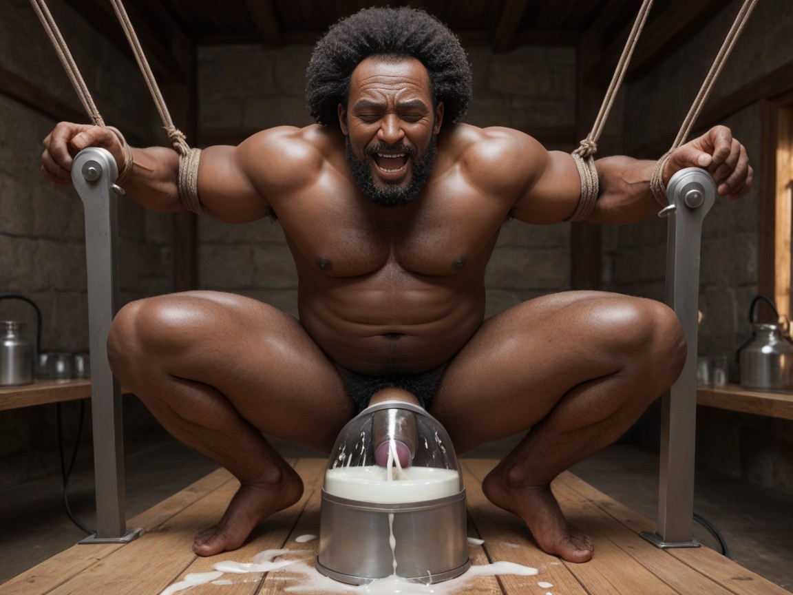 Handsome African Stud, Hanging, Milking Machine Tubes Connected To Collection Jars AI Gay Porn
