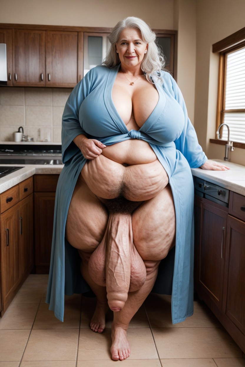 Slick Hair, Standing In Kitchen, Large Hips AI Porn