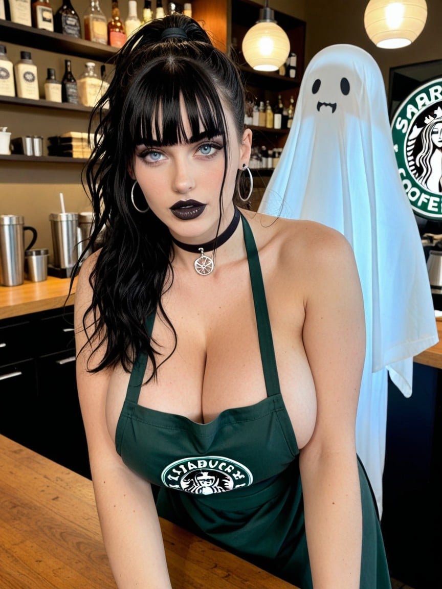 Wearing Only A Green Apron, Pretty Face, Earrings AI Porn