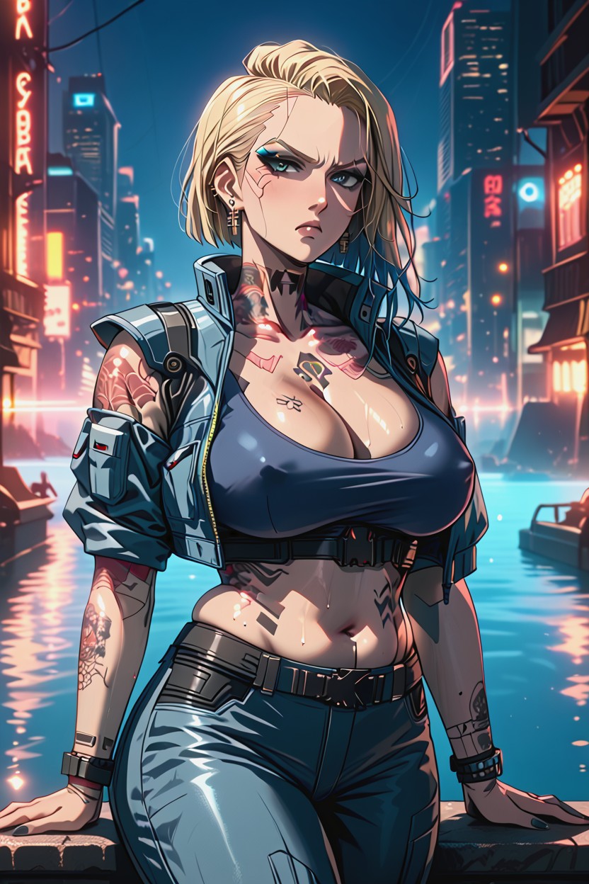 Blonde Hair With Blue Highlights, Neck Tattoos, Blue Eyes Hentai AI Porn