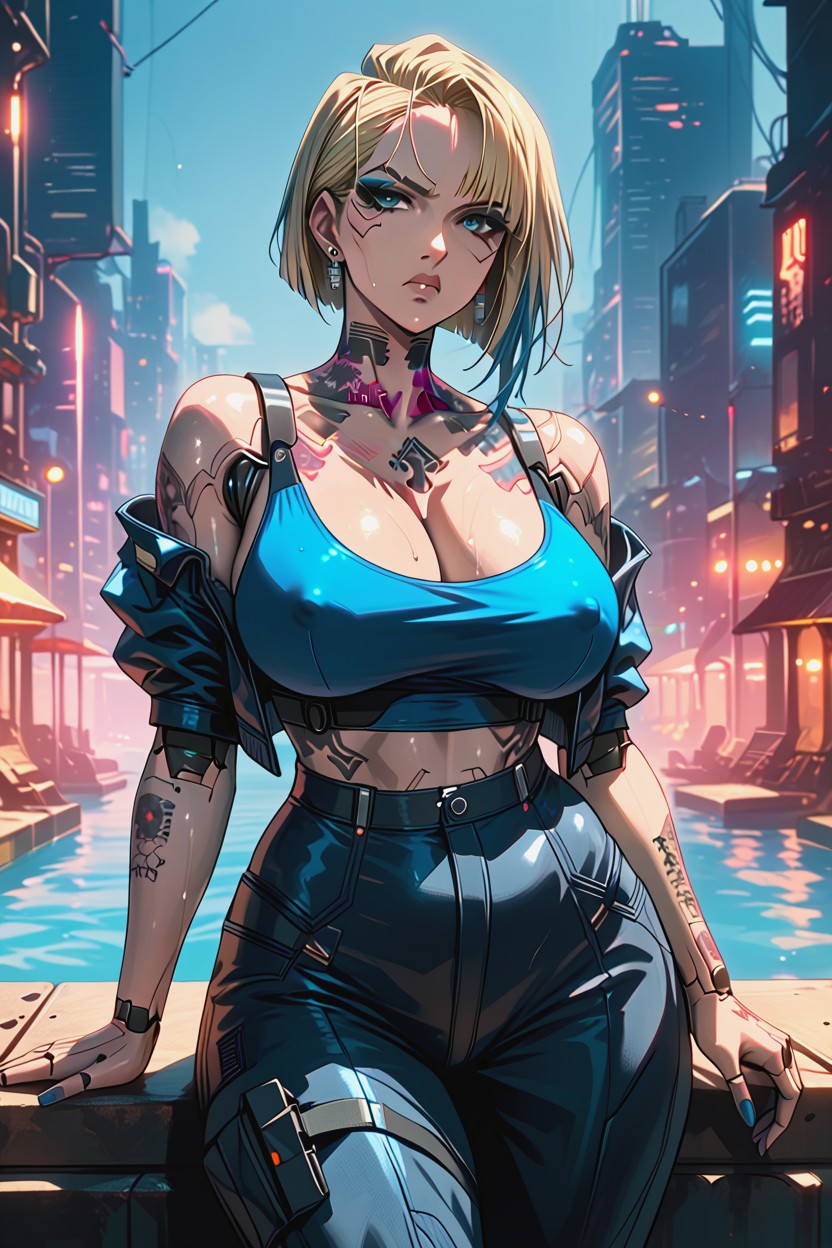Android Joints, Blonde Hair With Blue Highlights, Wide Hips Hentai AI Porn