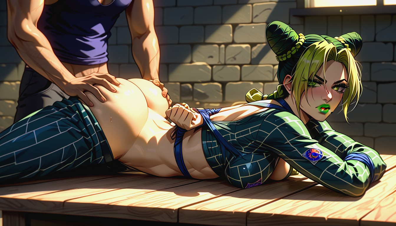 Jolyne Laying On Man's Lap Having Her Ass Groped And Shown Off, Warm Lighting, Man Captures Jolyne And Shows Off Her Ass Hentai AI Porn